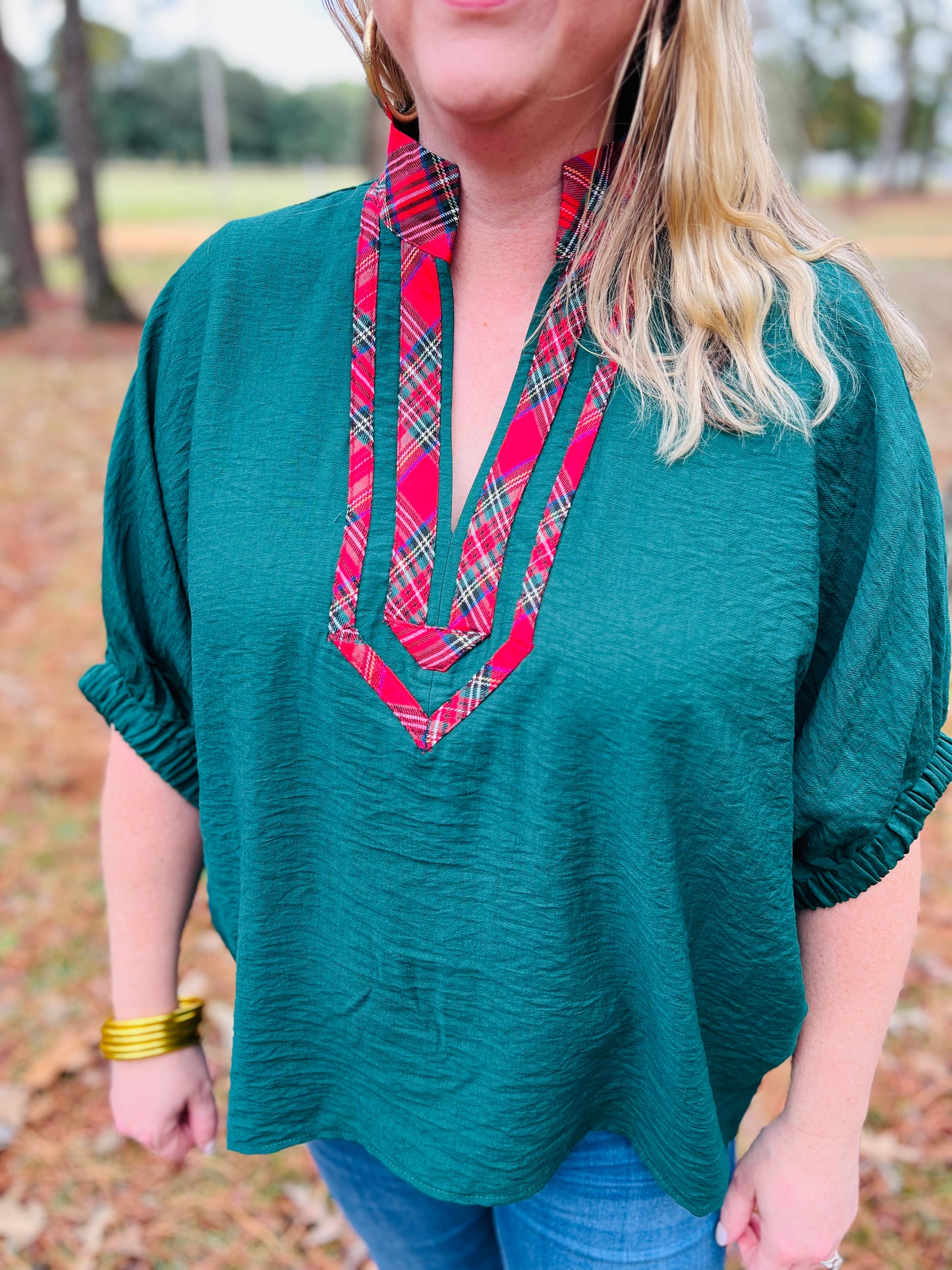 Hunter Green Plaid Collar Top