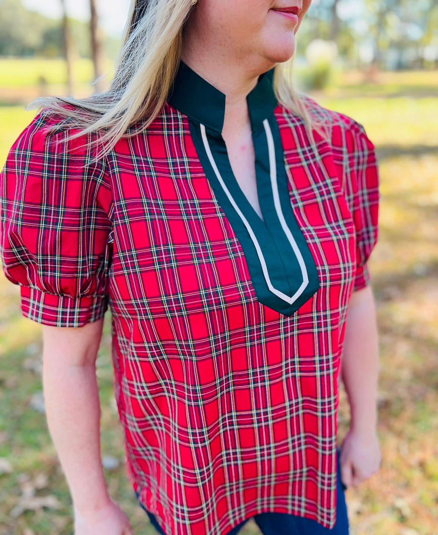 Red Tartan Plaid Puff Sleeve Top