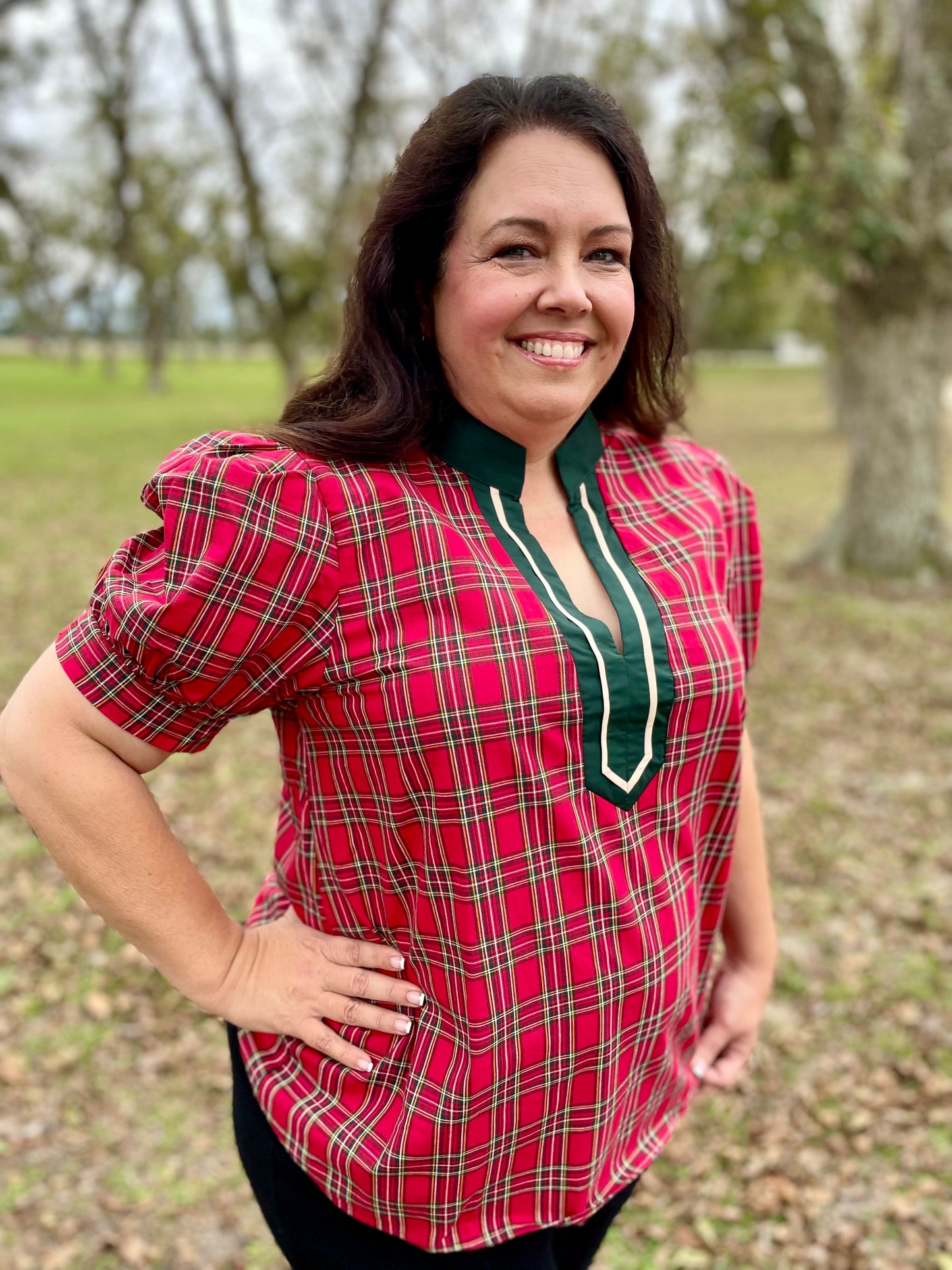 Red Tartan Plaid Puff Sleeve Top- Plus