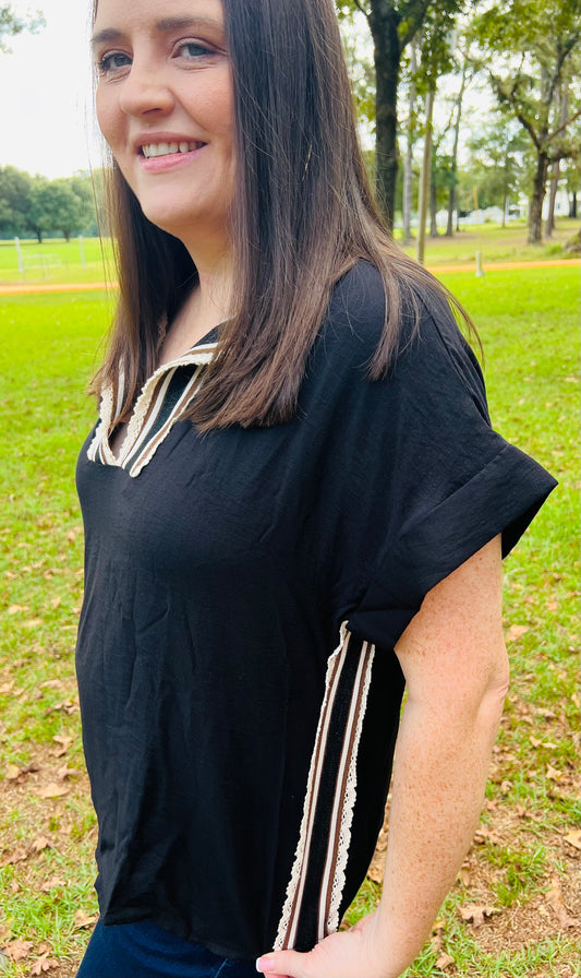 Black Crochet Collar Top