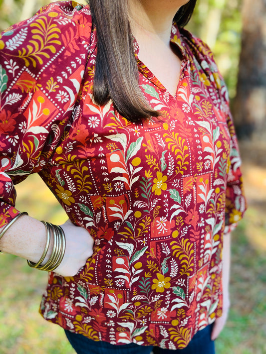 Burgundy Floral Scallop Hem Blouse