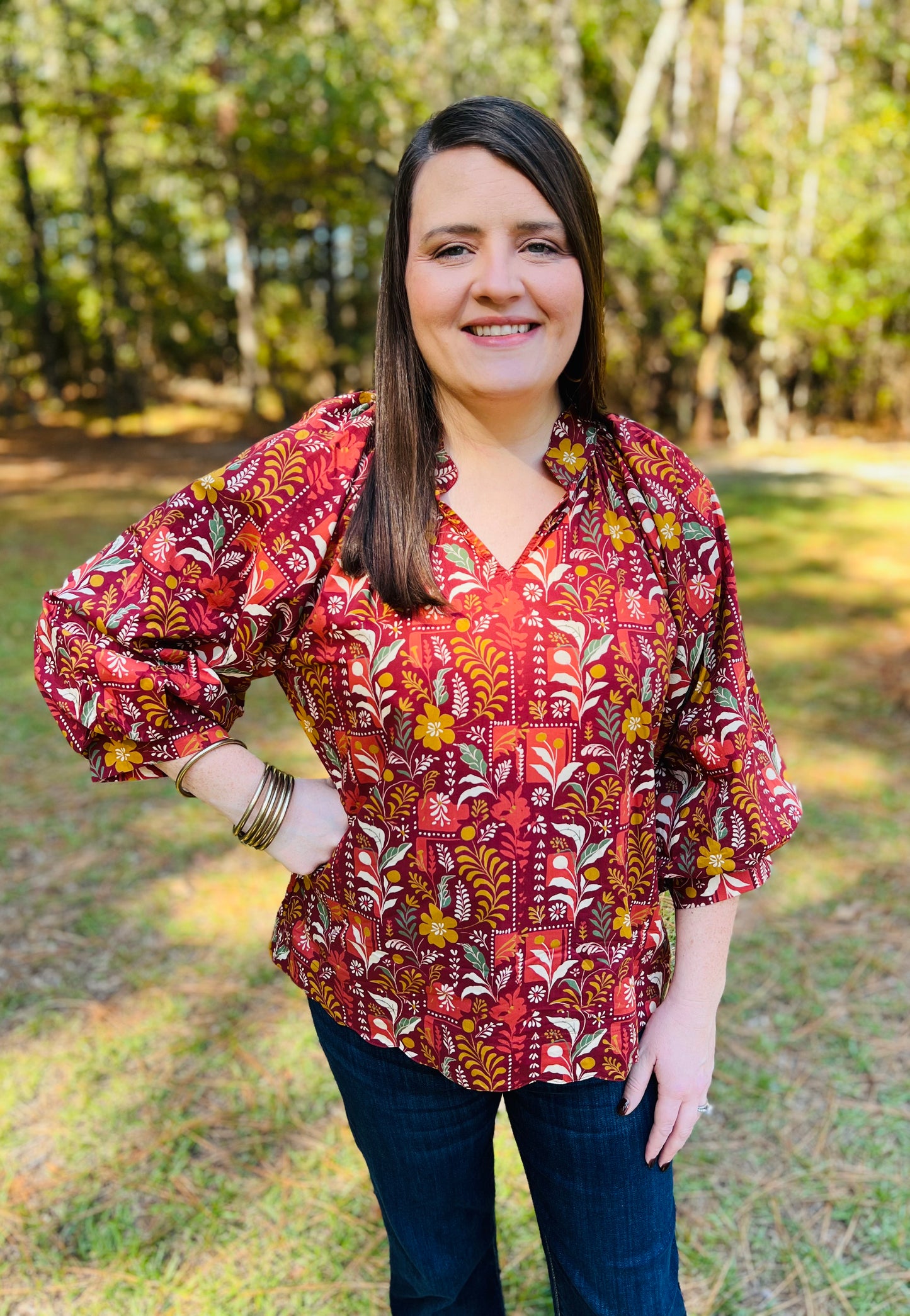 Burgundy Floral Scallop Hem Blouse