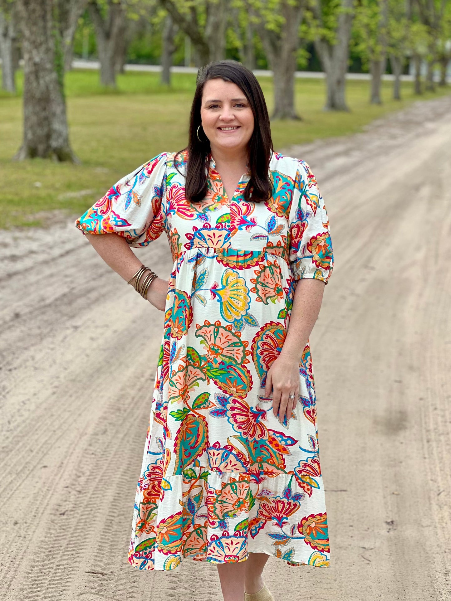 Umgee Cream Mix Paisley Midi Dress