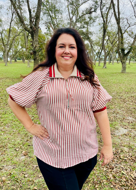 Brick Striped Puff Sleeve Blouse- Plus
