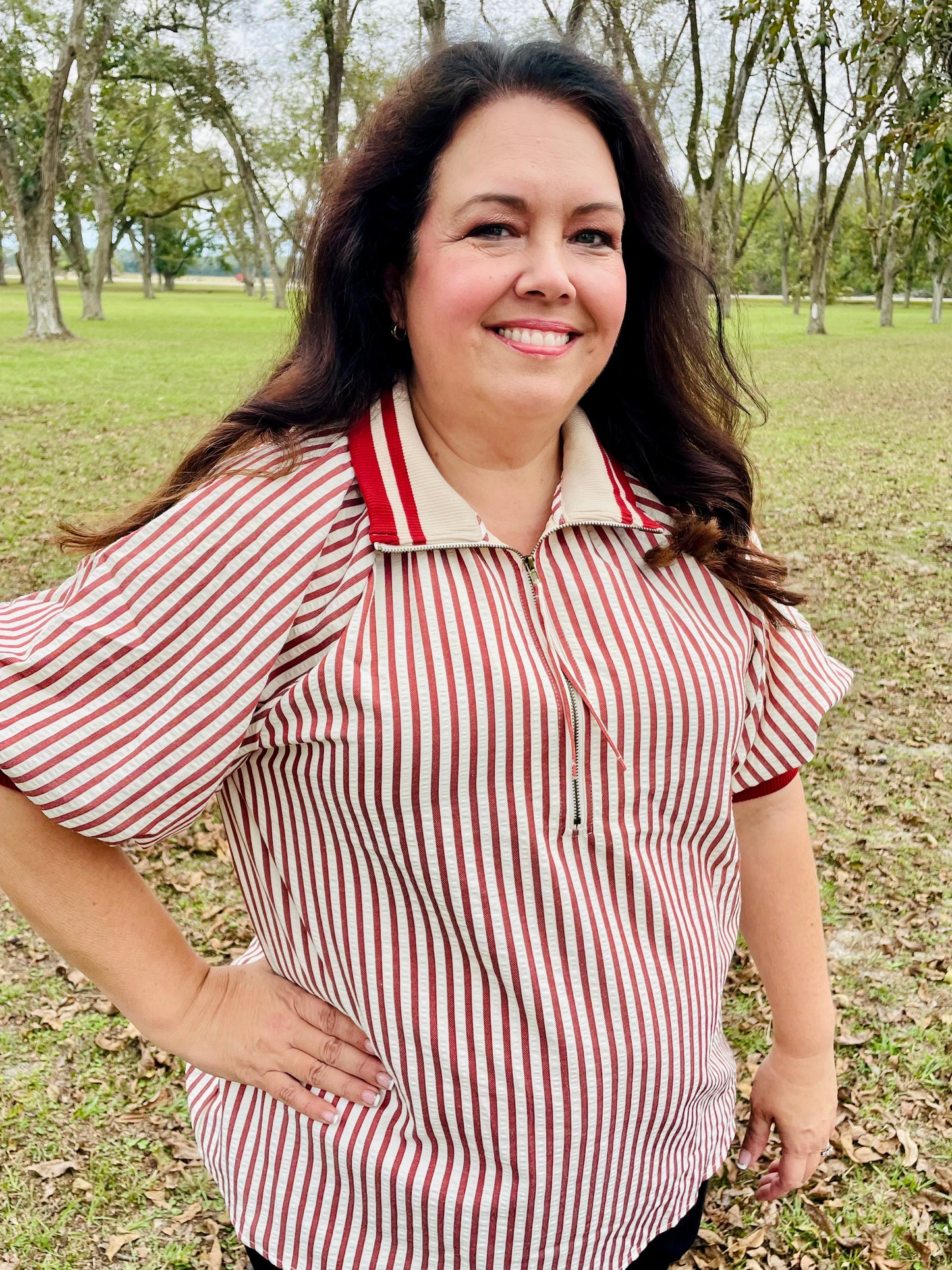 Brick Striped Puff Sleeve Blouse- Plus