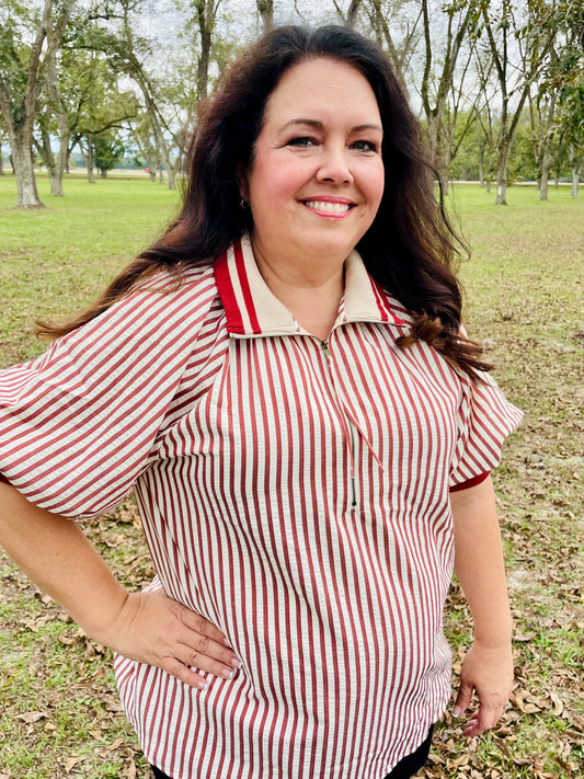 Brick Striped Puff Sleeve Blouse- Plus