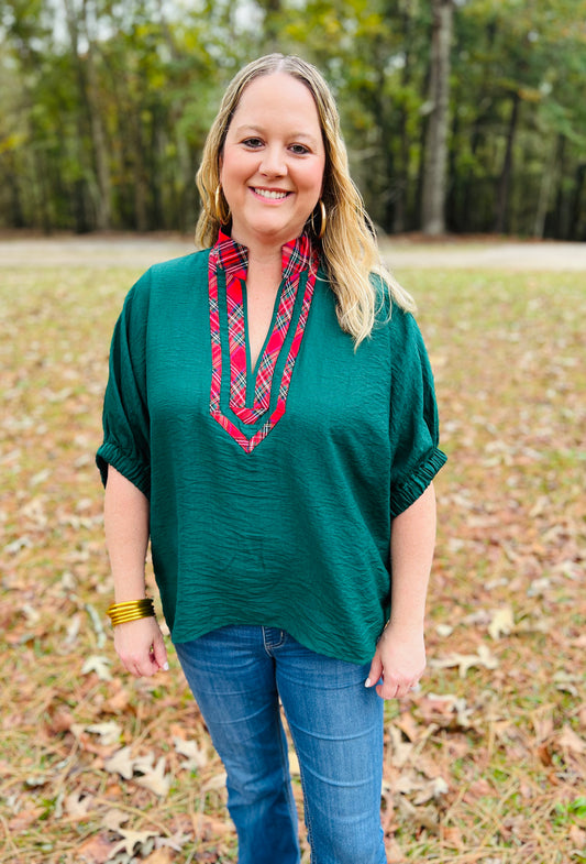 Hunter Green Plaid Collar Top
