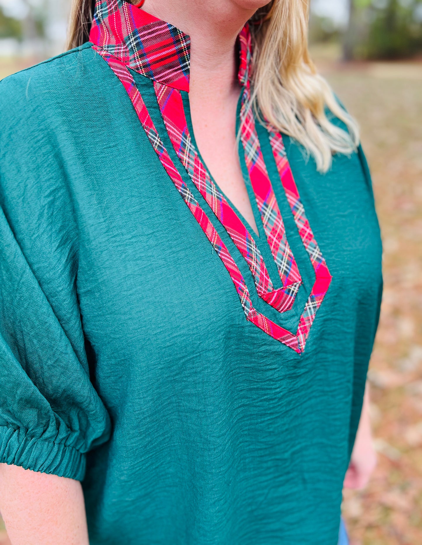 Hunter Green Plaid Collar Top