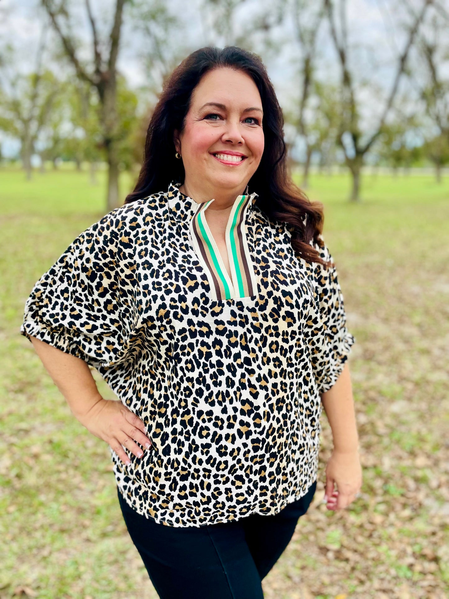 Leopard High Collar Blouse- Plus