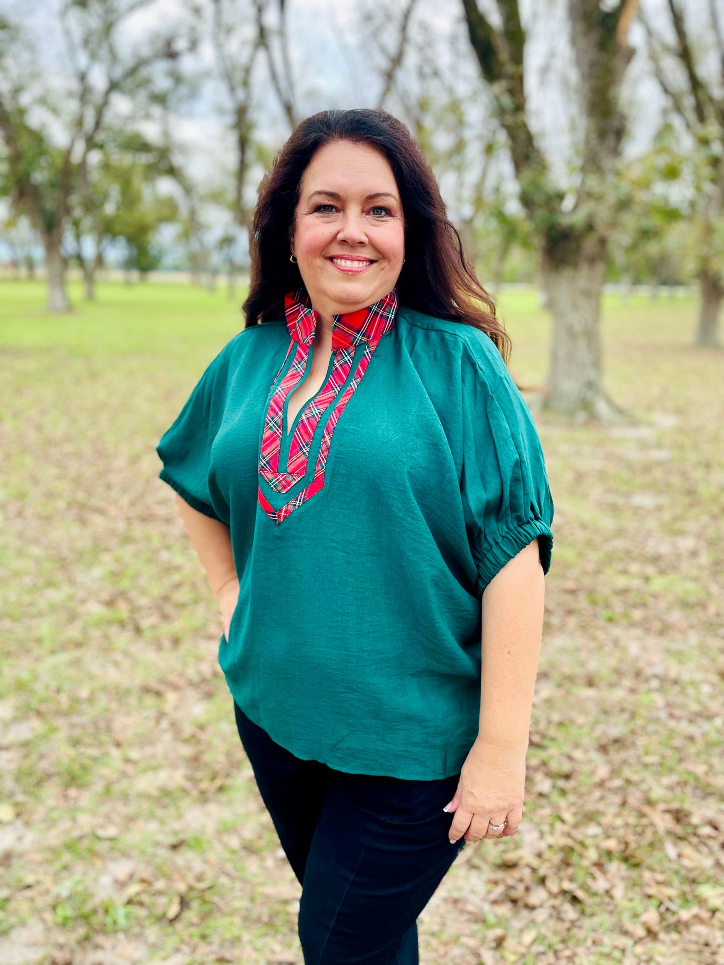 Hunter Green Plaid Collar Top- Plus