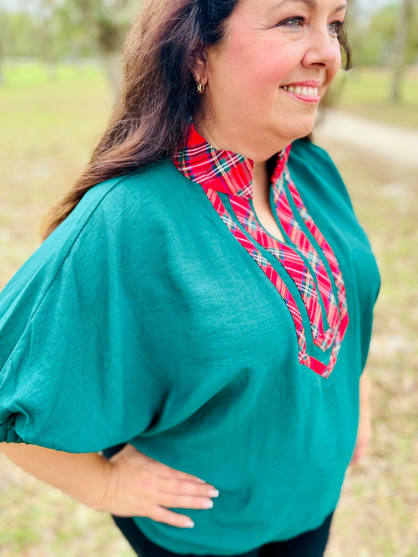 Hunter Green Plaid Collar Top- Plus
