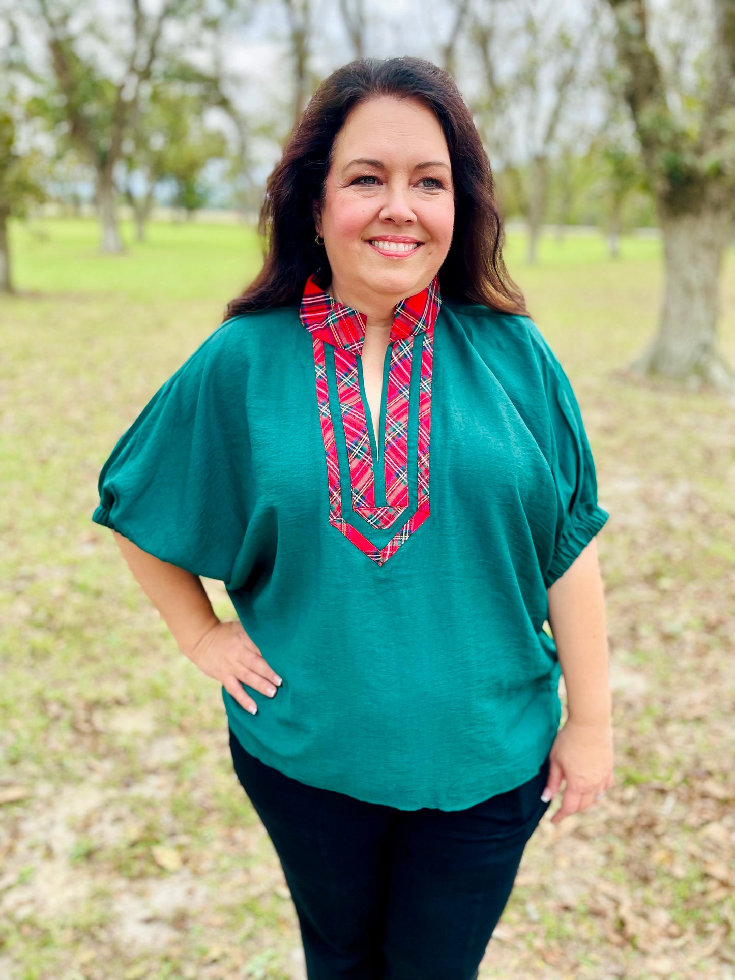 Hunter Green Plaid Collar Top- Plus