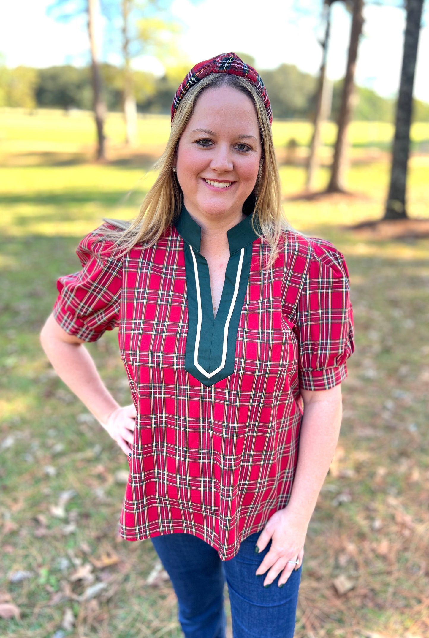 Red Tartan Plaid Puff Sleeve Top