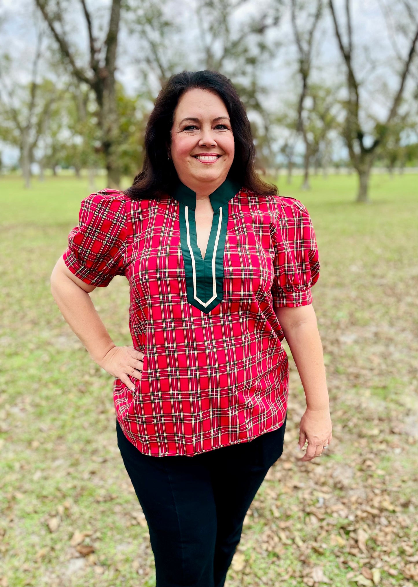 Red Tartan Plaid Puff Sleeve Top- Plus