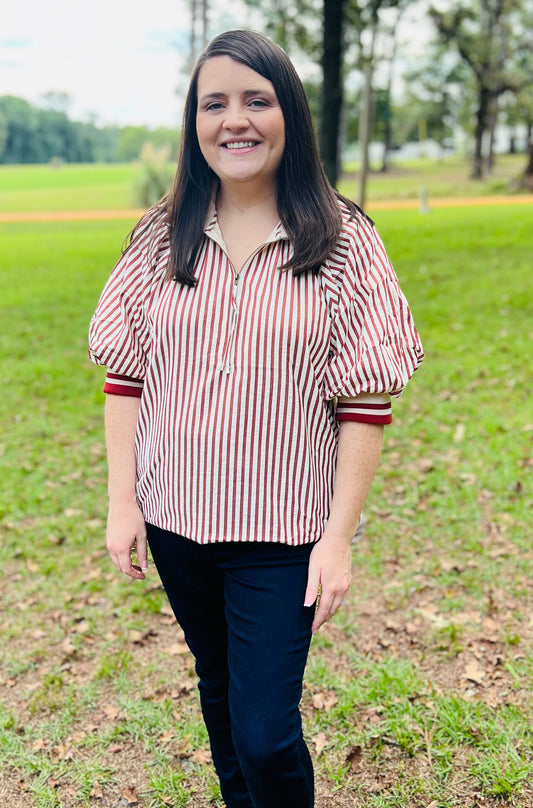 Brick Striped Puff Sleeve Blouse- Plus