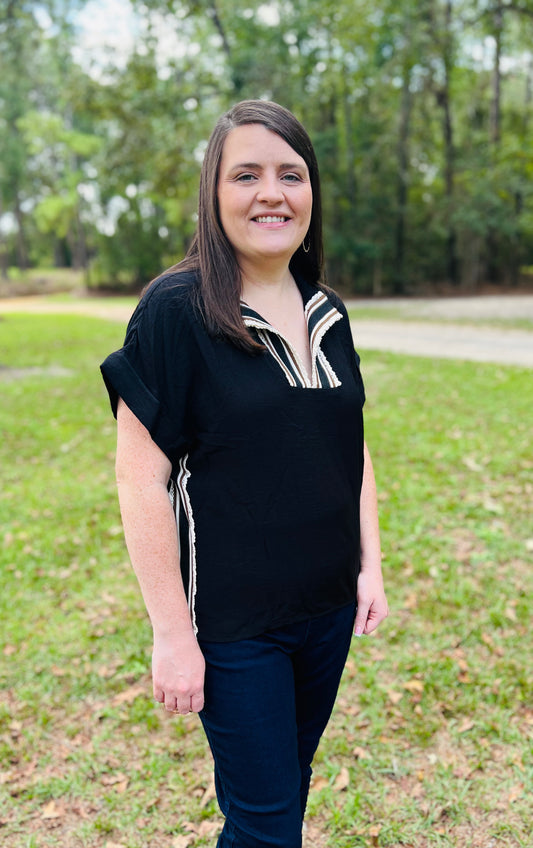 Black Crochet Collar Top