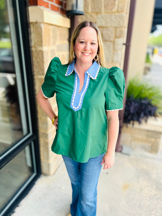 Hunter Green Puff Sleeve Top