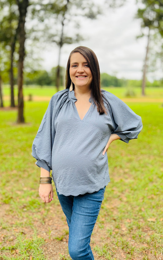 Steel Blue Balloon Sleeve Top