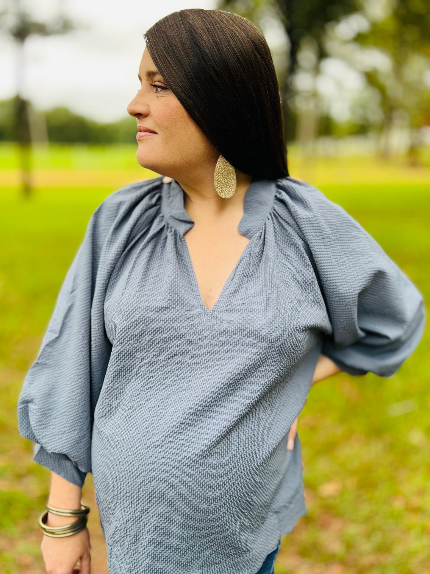 Steel Blue Balloon Sleeve Top