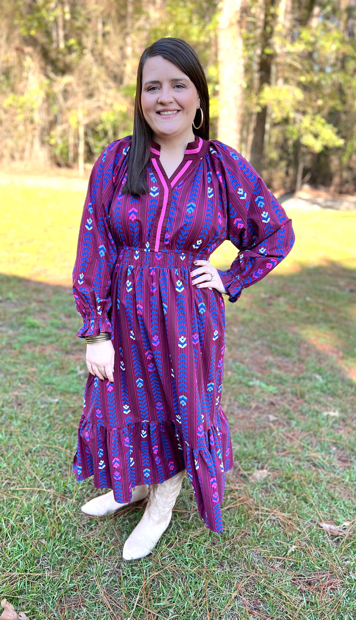 Burgundy Striped Floral Midi Dress
