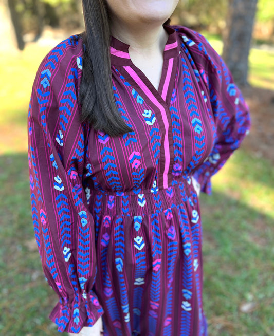 Burgundy Striped Floral Midi Dress