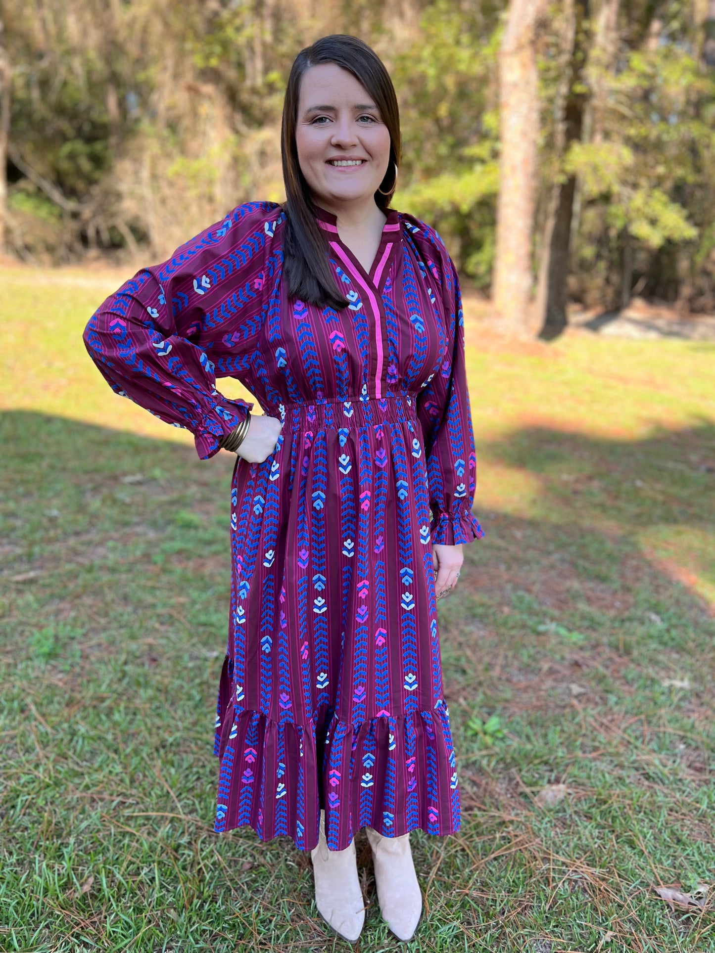Burgundy Striped Floral Midi Dress