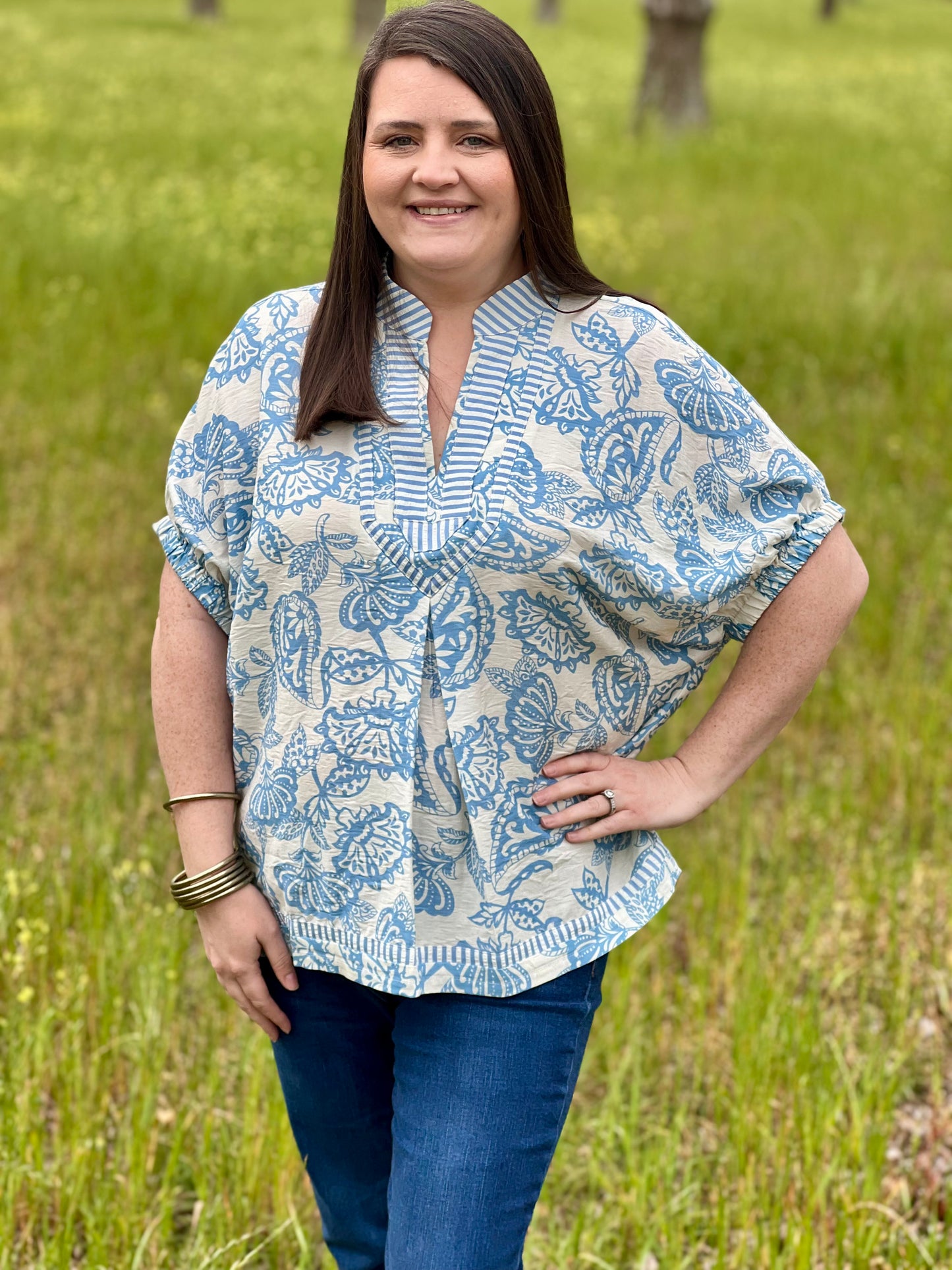 Umgee  Blue and White Botanical Print Tunic Top