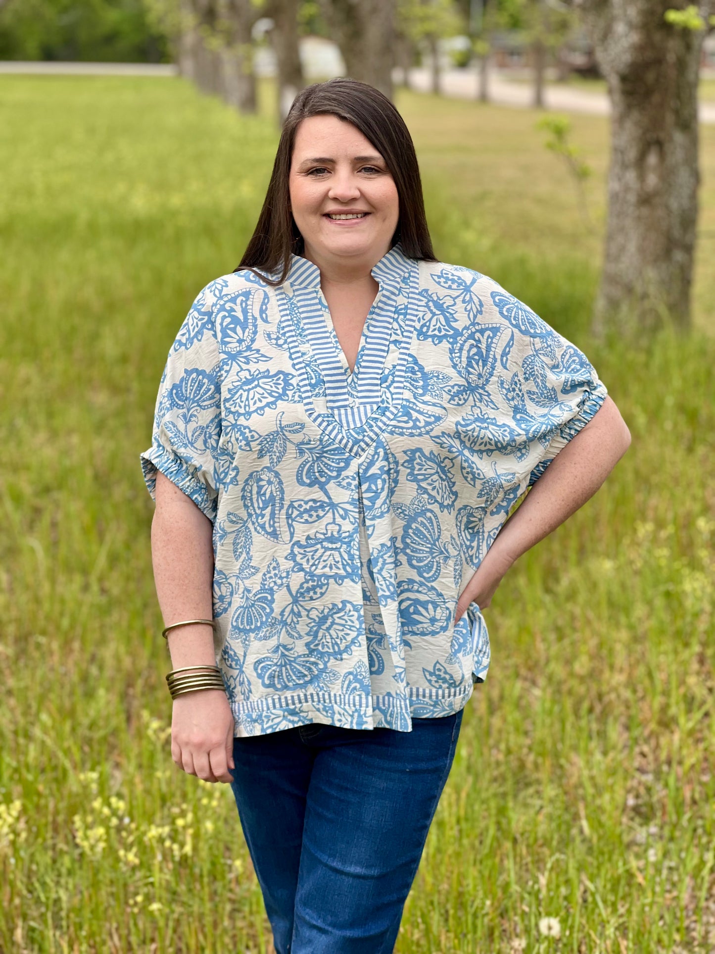 Umgee  Blue and White Botanical Print Tunic Top
