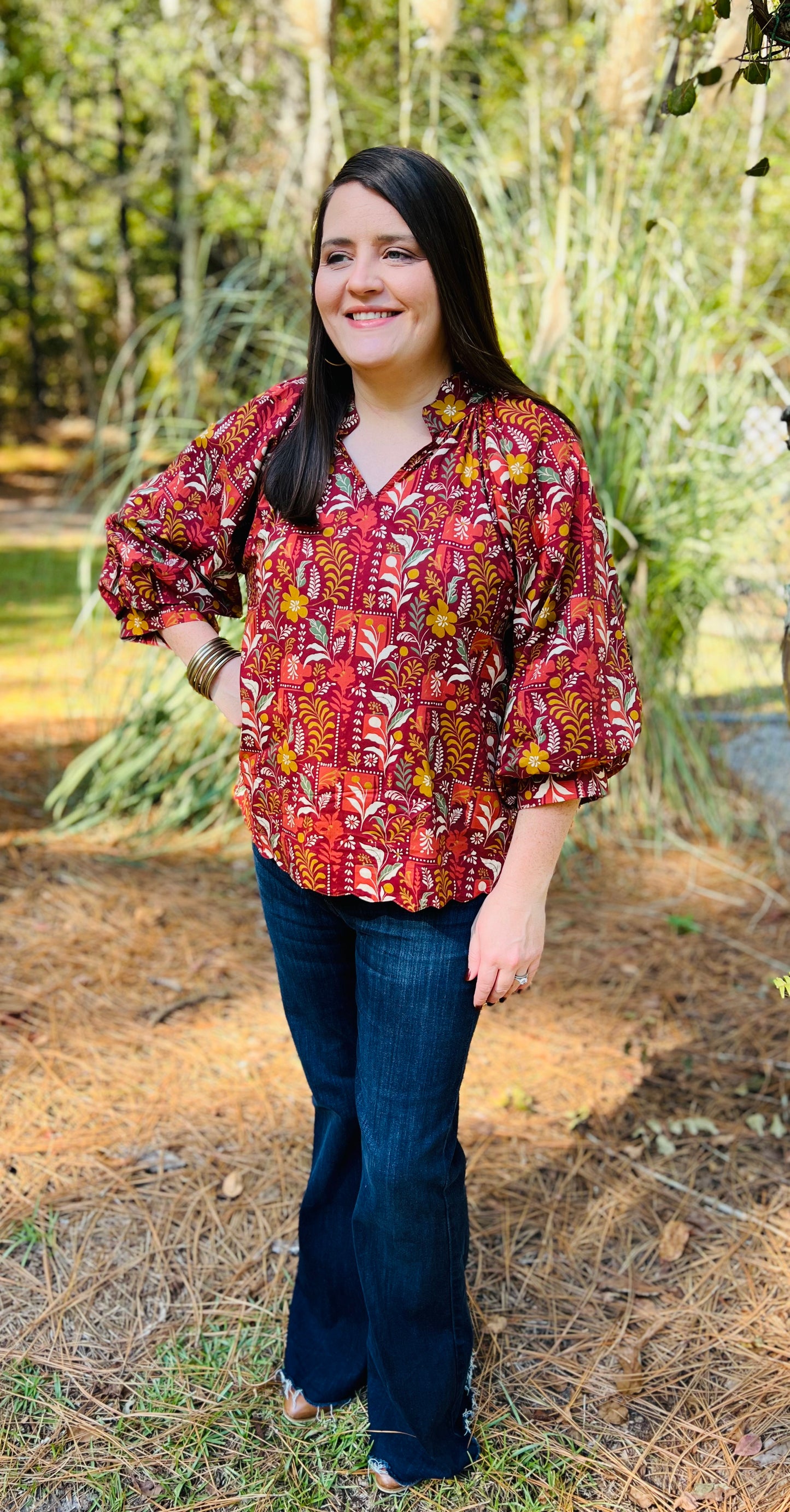 Burgundy Floral Scallop Hem Blouse