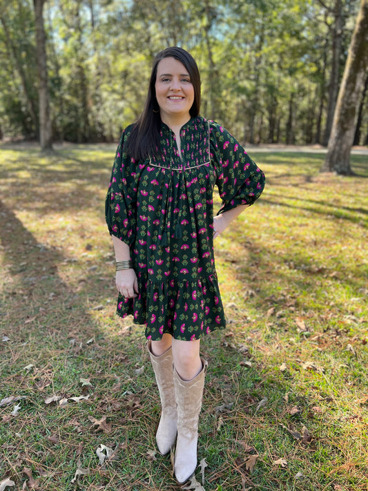 Hunter Green Mixed Floral Mini Dress
