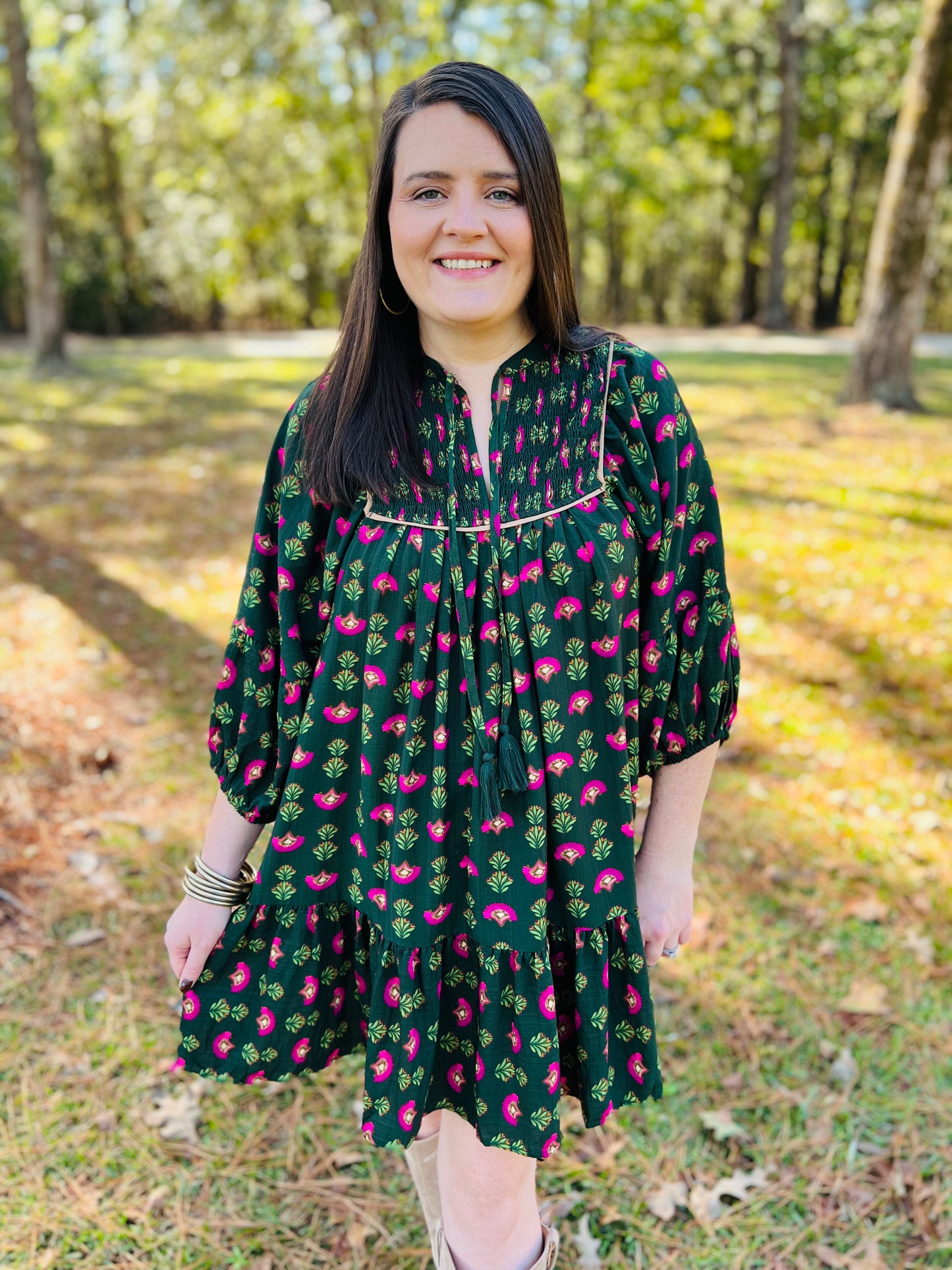 Hunter Green Mixed Floral Mini Dress
