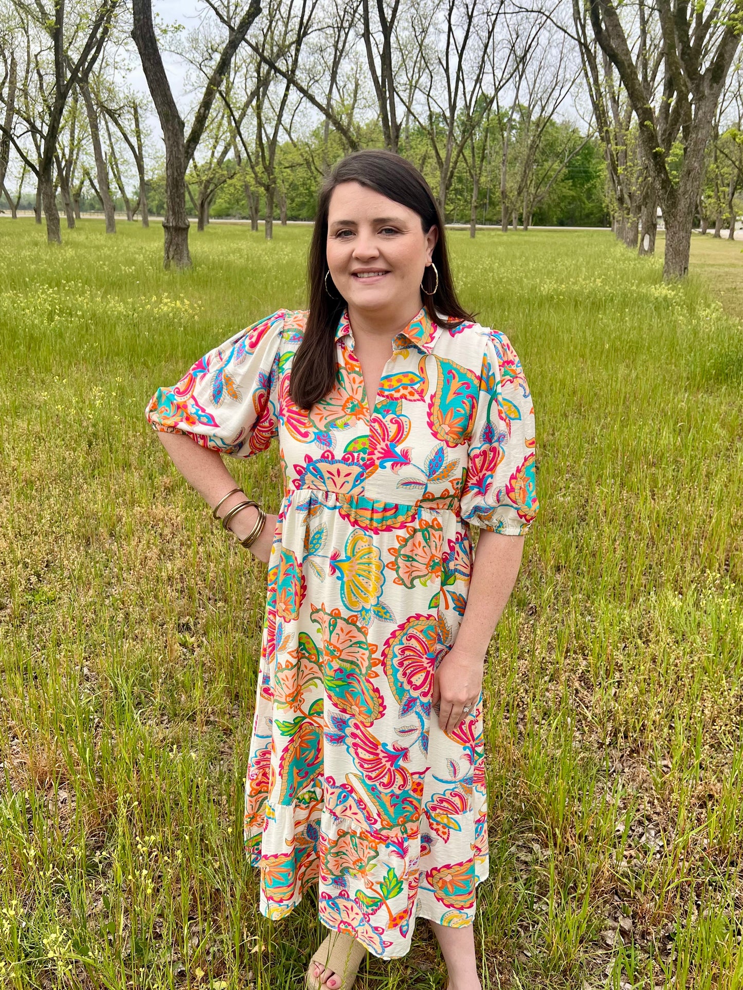Umgee Cream Mix Paisley Midi Dress