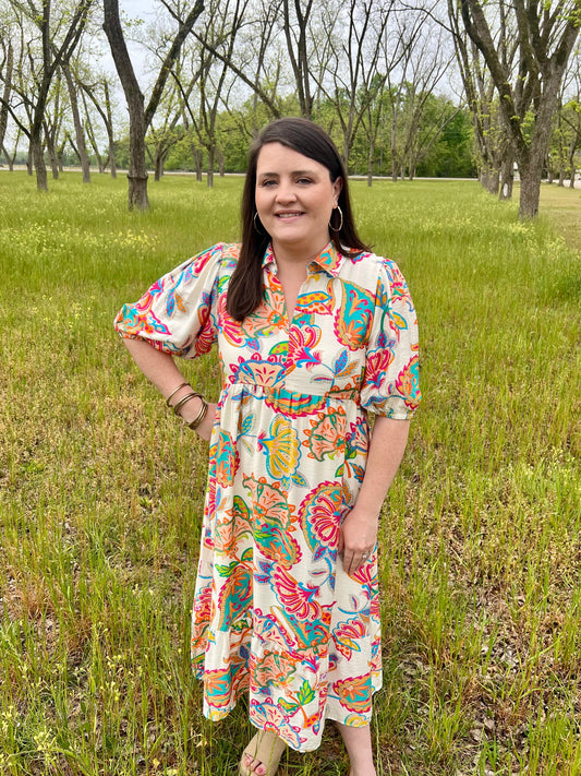 Umgee Cream Mix Paisley Midi Dress